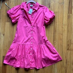J. Crew Bright Pink Button-Up Puff Sleeve Dress